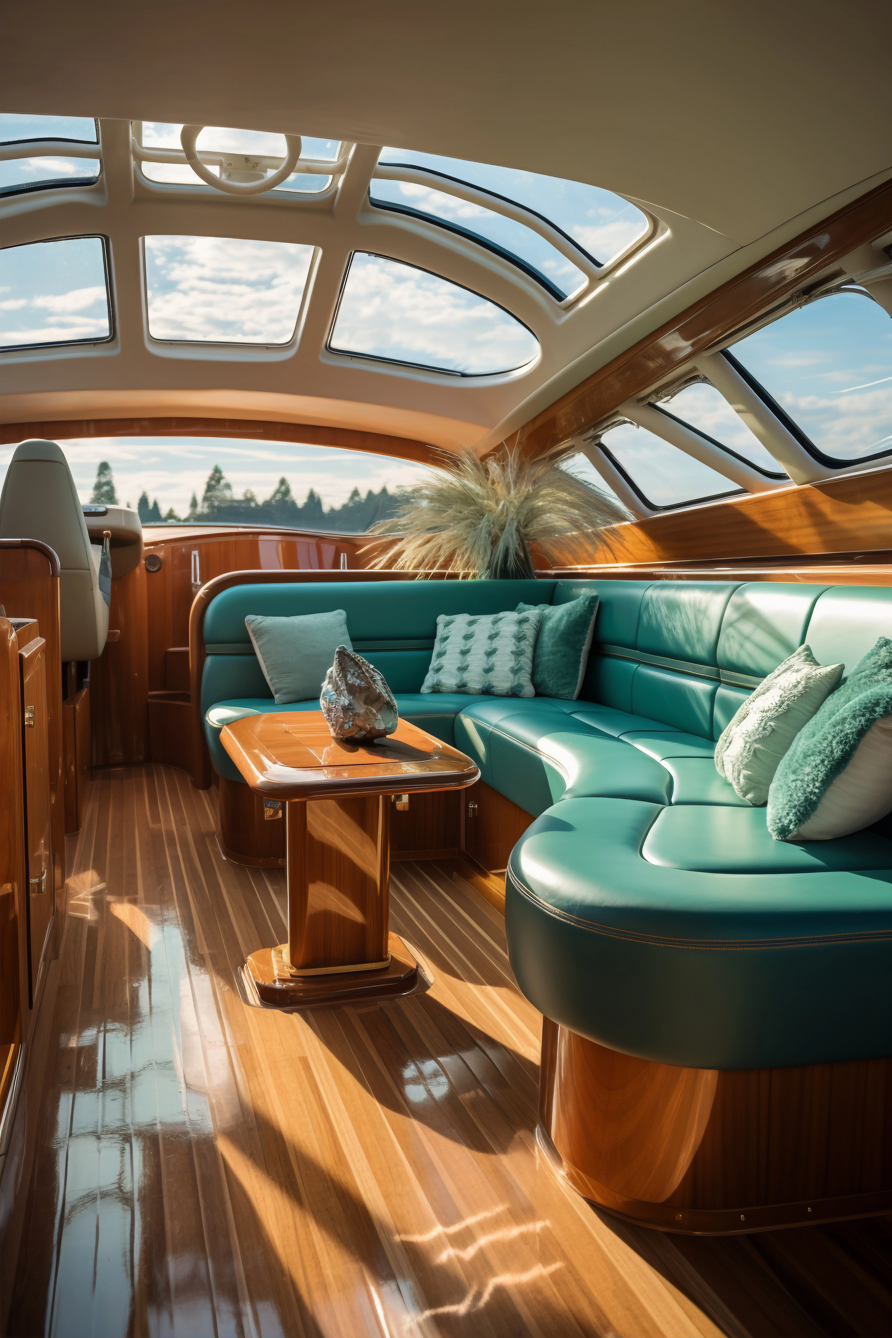 Couchage cabine — teck & cuir